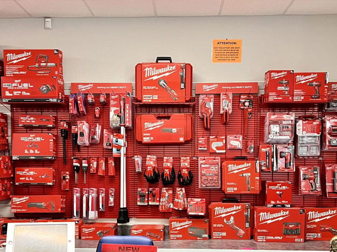 Milwaukee tool display at the Plumnig Warehouse Monroe LA